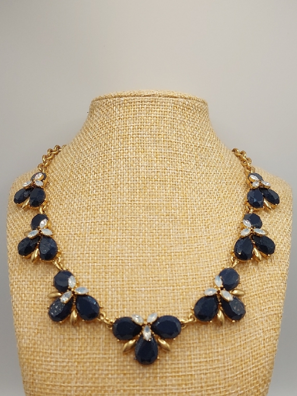 J. CREW Brushed Gold-Tone Navy Opaline Crystal Rhinestone Statement Necklace EUC